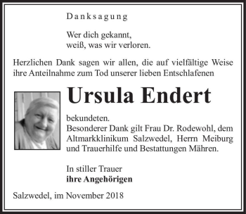 Traueranzeige von Ursula Endert  von Magdeburger Volksstimme
