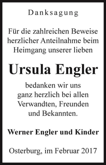 Traueranzeige von Ursula Engler  von Magdeburger Volksstimme