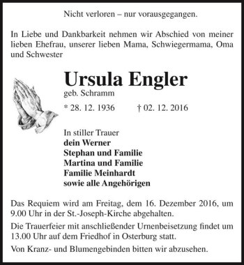 Traueranzeige von Ursula Engler (geb. Schramm)  von Magdeburger Volksstimme