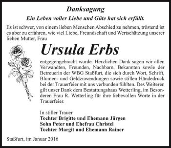Traueranzeige von Ursula Erbs  von Magdeburger Volksstimme