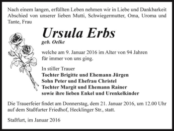 Traueranzeige von Ursula Erbs (geb. Oelke)  von Magdeburger Volksstimme