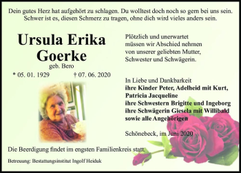 Traueranzeige von Ursula Erika Goerke (geb. Bero)  von Magdeburger Volksstimme