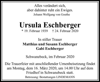 Traueranzeige von Ursula Eschberger  von Magdeburger Volksstimme