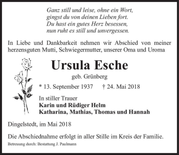 Traueranzeige von Ursula Esche (geb. Grünberg)  von Magdeburger Volksstimme