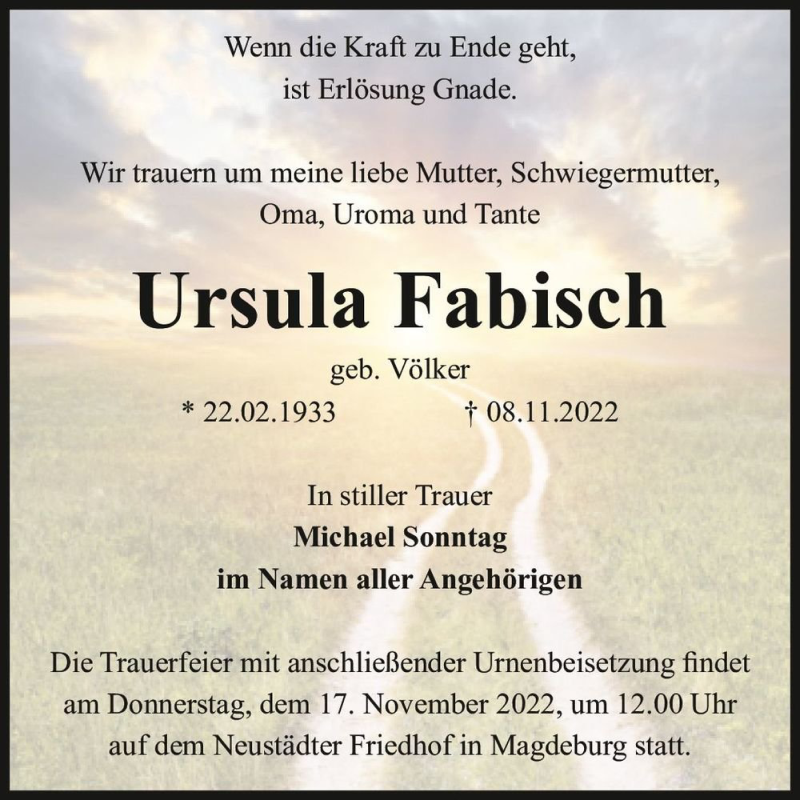  Traueranzeige für Ursula Fabisch (geb. Völker)  vom 12.11.2022 aus Magdeburger Volksstimme