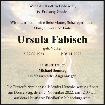Traueranzeige von Ursula Fabisch (geb. Völker)  von Magdeburger Volksstimme