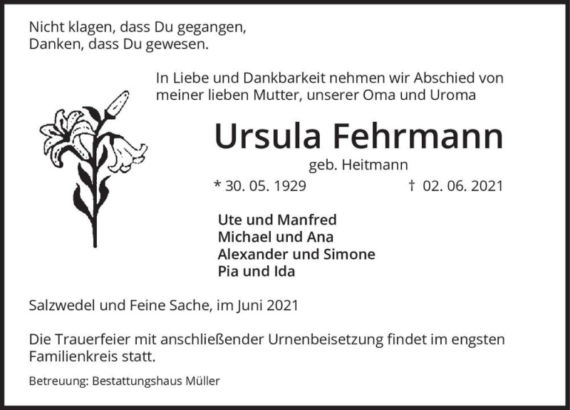  Traueranzeige für Ursula Fehrmann (geb. Heitmann)  vom 05.06.2021 aus Magdeburger Volksstimme