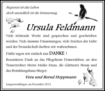 Traueranzeige von Ursula Feldmann  von Magdeburger Volksstimme