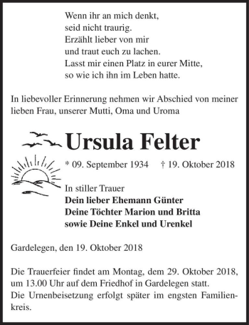 Traueranzeige von Ursula Felter  von Magdeburger Volksstimme
