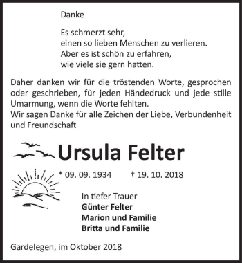Traueranzeige von Ursula Felter  von Magdeburger Volksstimme