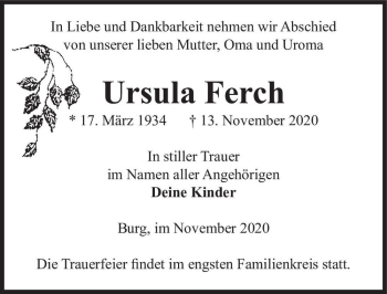 Traueranzeige von Ursula Ferch  von Magdeburger Volksstimme