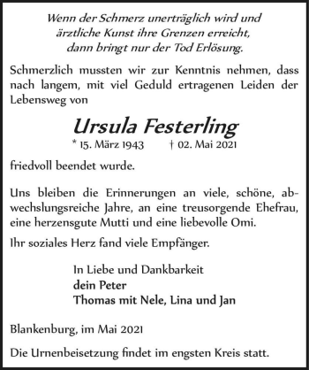 Traueranzeige von Ursula Festerling  von Magdeburger Volksstimme