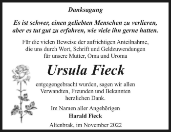 Traueranzeige von Ursula Fieck  von Magdeburger Volksstimme