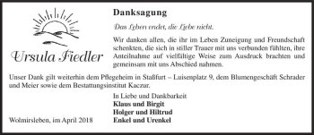 Traueranzeige von Ursula Fiedler  von Magdeburger Volksstimme