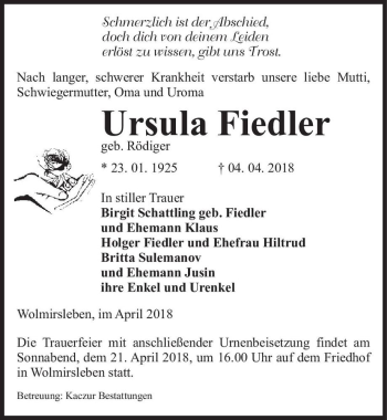 Traueranzeige von Ursula Fiedler (geb. Rödiger)  von Magdeburger Volksstimme