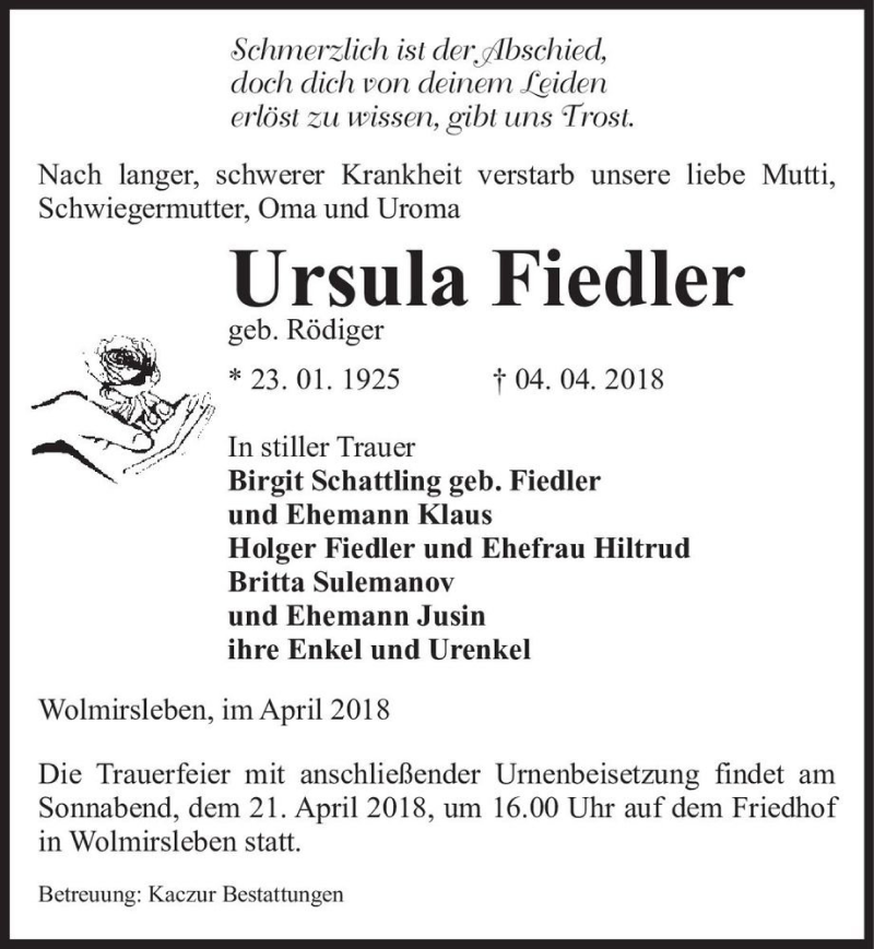  Traueranzeige für Ursula Fiedler (geb. Rödiger)  vom 11.04.2018 aus Magdeburger Volksstimme