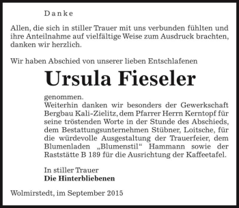 Traueranzeige von Ursula Fieseler  von Magdeburger Volksstimme