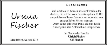 Traueranzeige von Ursula Fischer  von Magdeburger Volksstimme
