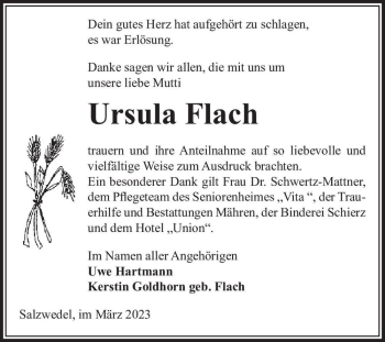Traueranzeige von Ursula Flach  von Magdeburger Volksstimme