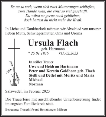 Traueranzeige von Ursula Flach (geb. Hartmann)  von Magdeburger Volksstimme