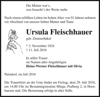 Traueranzeige von Ursula Fleischhauer (geb. Zimmerhäkel)  von Magdeburger Volksstimme