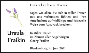 Traueranzeige von Ursula Fraikin  von Magdeburger Volksstimme