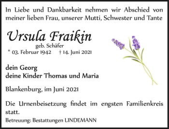 Traueranzeige von Ursula Fraikin (geb. Schäfer)  von Magdeburger Volksstimme