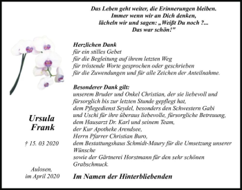 Traueranzeige von Ursula Frank  von Magdeburger Volksstimme