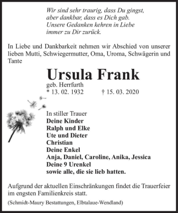 Traueranzeige von Ursula Frank (geb. Herrfurth)  von Magdeburger Volksstimme