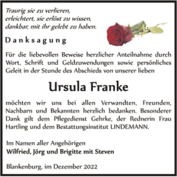 Traueranzeige von Ursula Franke  von Magdeburger Volksstimme