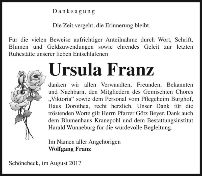  Traueranzeige für Ursula Franz  vom 26.08.2017 aus Magdeburger Volksstimme