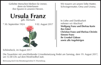 Traueranzeige von Ursula Franz (geb. Michaels)  von Magdeburger Volksstimme