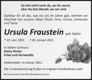 Traueranzeige von Ursula Fraustein (geb. Später)  von Magdeburger Volksstimme