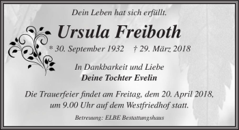 Traueranzeige von Ursula Freiboth  von Magdeburger Volksstimme