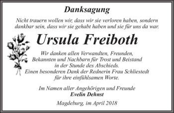 Traueranzeige von Ursula Freiboth  von Magdeburger Volksstimme