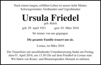 Traueranzeige von Ursula Friedel (geb. Balck)  von Magdeburger Volksstimme