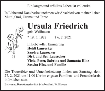 Traueranzeige von Ursula Friedrich (geb. Weißmann)  von Magdeburger Volksstimme