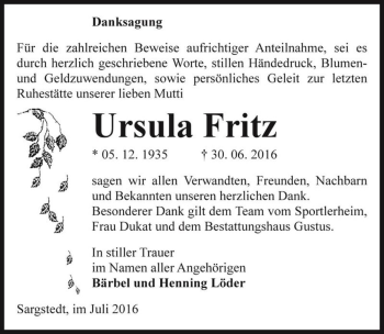Traueranzeige von Ursula Fritz  von Magdeburger Volksstimme