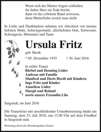Traueranzeige von Ursula Fritz (geb. Herdt)  von Magdeburger Volksstimme