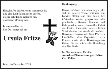 Traueranzeige von Ursula Fritze  von Magdeburger Volksstimme