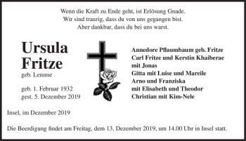 Traueranzeige von Ursula Fritze (geb. Lemme)  von Magdeburger Volksstimme