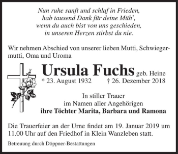 Traueranzeige von Ursula Fuchs (geb. Heine)  von Magdeburger Volksstimme