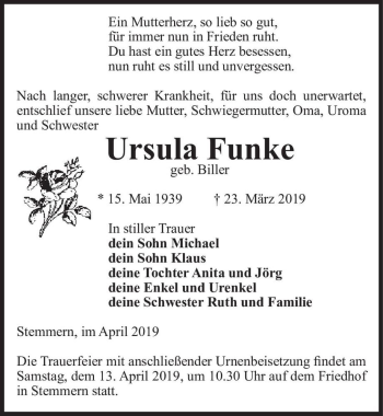 Traueranzeige von Ursula Funke (geb. Biller)  von Magdeburger Volksstimme