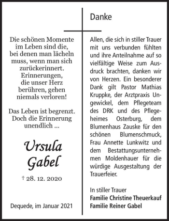 Traueranzeige von Ursula Gabel  von Magdeburger Volksstimme