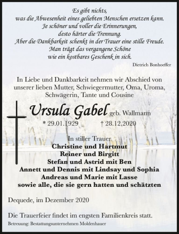 Traueranzeige von Ursula Gabel (geb. Wallmann)  von Magdeburger Volksstimme