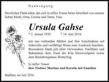 Traueranzeige von Ursula Gahse  von Magdeburger Volksstimme