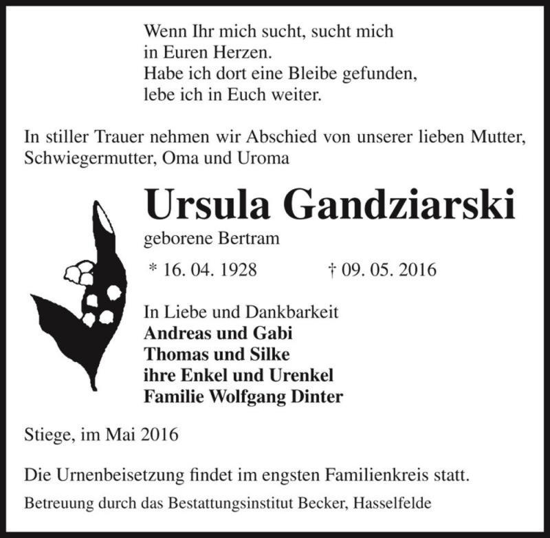  Traueranzeige für Ursula Gandziarski (geb. Bertram)  vom 14.05.2016 aus Magdeburger Volksstimme