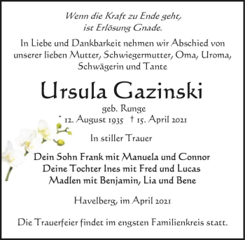 Traueranzeige von Ursula Gazinski (geb. Runge)  von Magdeburger Volksstimme