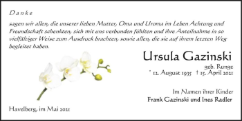 Traueranzeige von Ursula Gazinski (geb. Runge)  von Magdeburger Volksstimme