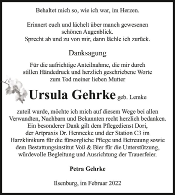 Traueranzeige von Ursula Gehrke (geb. Lemke)  von Magdeburger Volksstimme